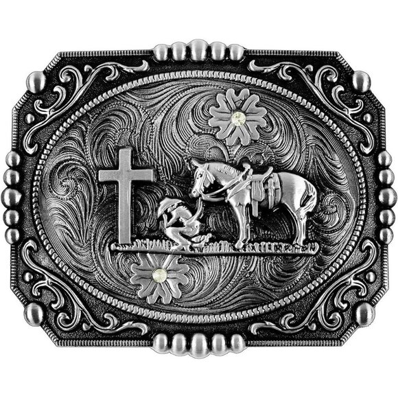 Moranse Religion Cross Cowboy Kneeling Prayer And Horse Design Belt Buckles - Picture 1 of 6
